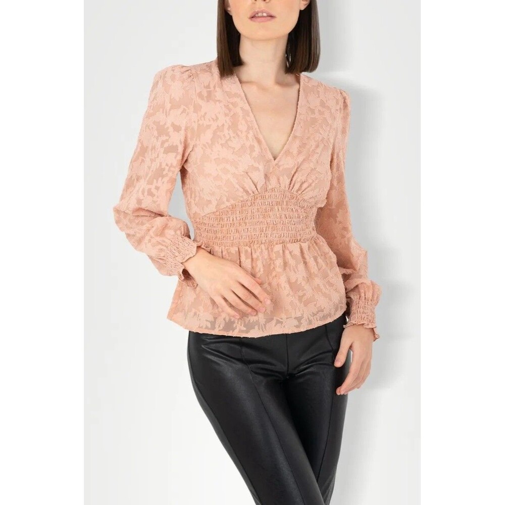 BCBG MaxAzria Lace Smocked Peplum Blush Pink V Neck Long Sleeves Top Sz S